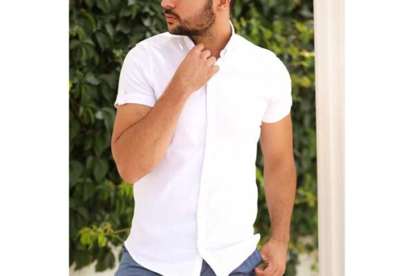 Men short sleeve white dress shirt