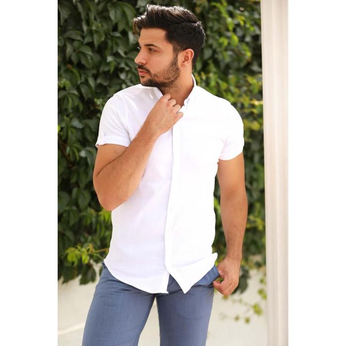 Men short sleeve white dress shirt